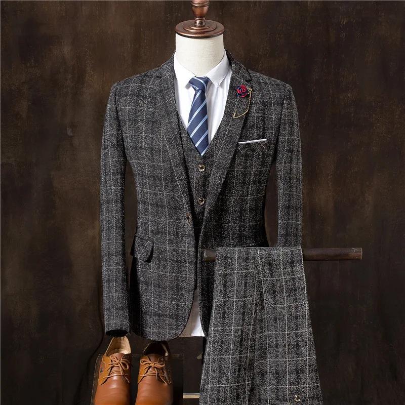 Vêtements de marié formels 3 pièces (Blazer + gilet + pantalon) costume pour hommes mode affaires Gentleman mariage décontracté Plaid coton lin veste
