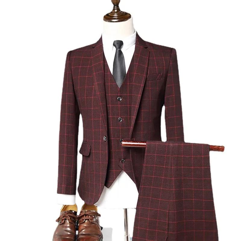 Costume (Blazer + gilet + pantalon) homme Style italien mode affaires élégant Gentleman Plaid mince décontracté