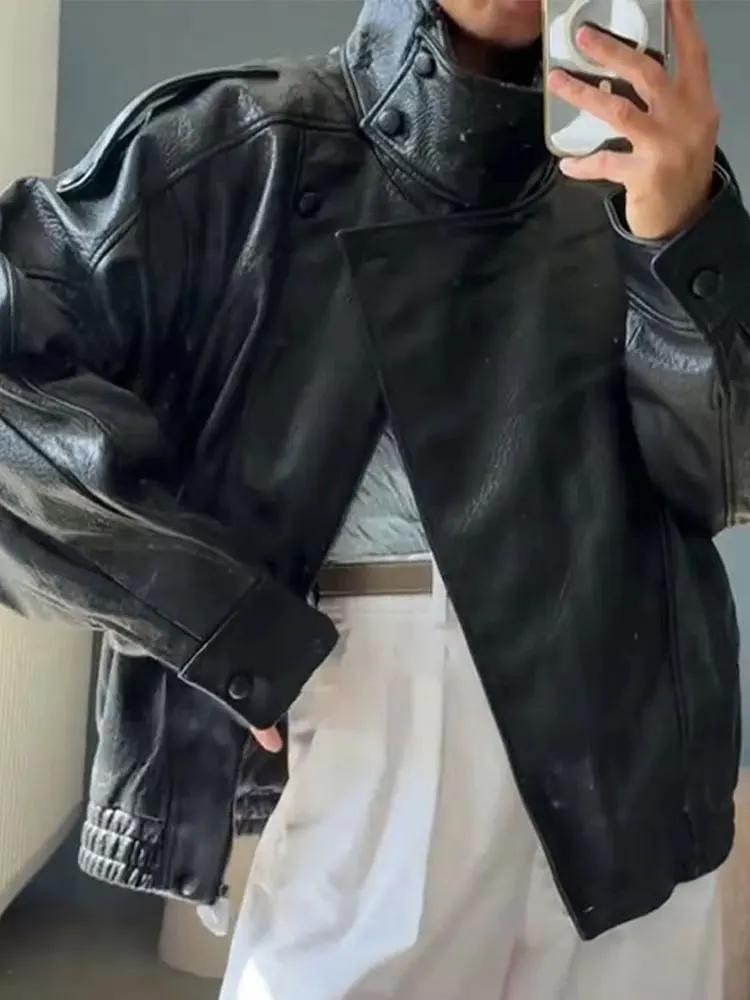 HH automne veste en simili cuir pour femmes décontracté solide fermeture éclair manches longues