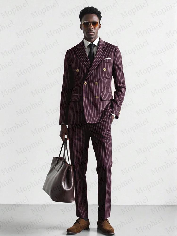 Costume Homme Rayé Bordeaux 3 Pièces Revers Pointus Croisé Coupe Slim pour Marié