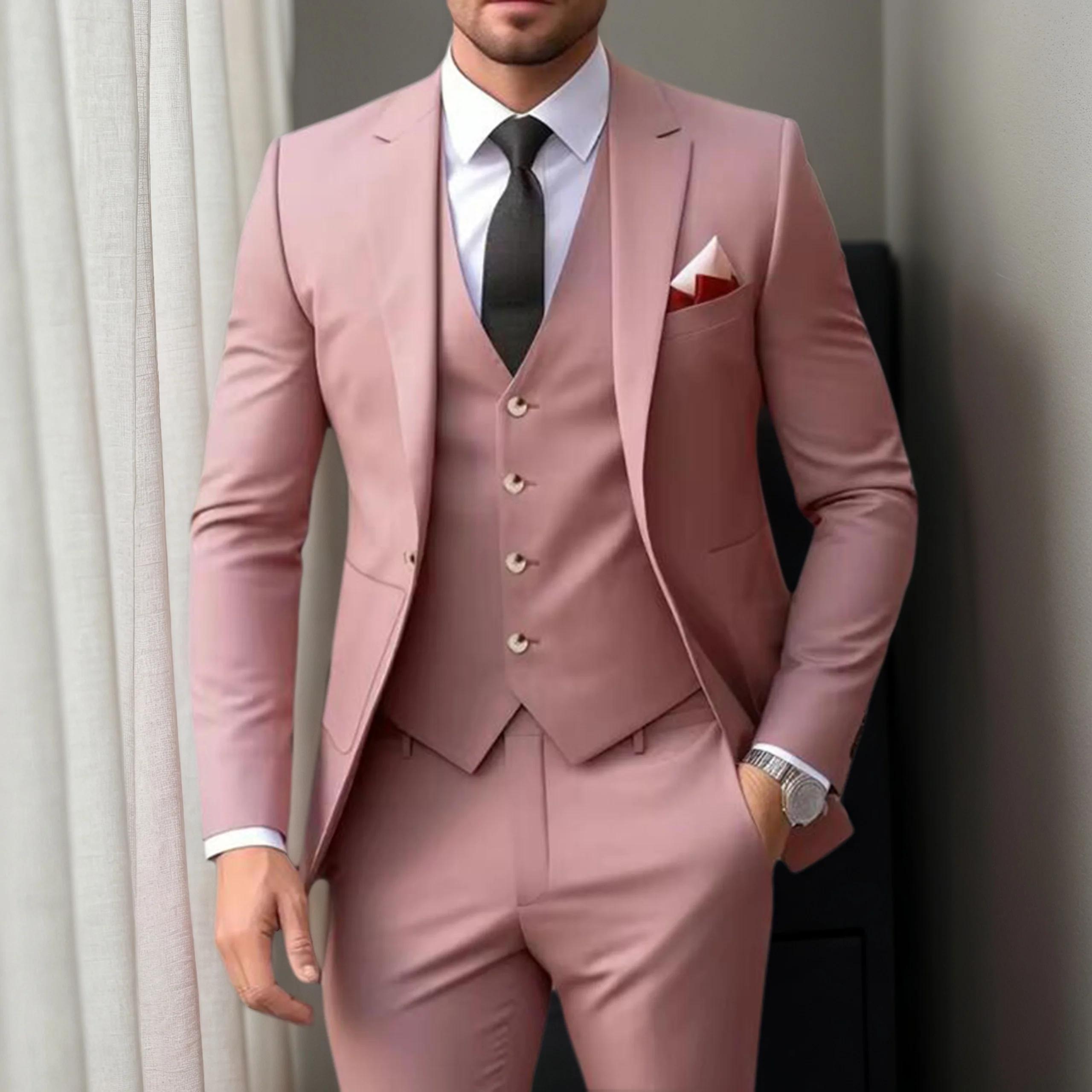 2025 costumes de mariage formels rose poussiéreux pour hommes coupe ajustée simple boutonnage élégant costume masculin de haute qualité 3 pièces veste pantalon gilet