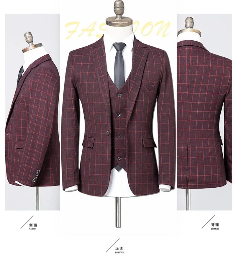 Costume (Blazer + gilet + pantalon) homme Style italien mode affaires élégant Gentleman Plaid mince décontracté