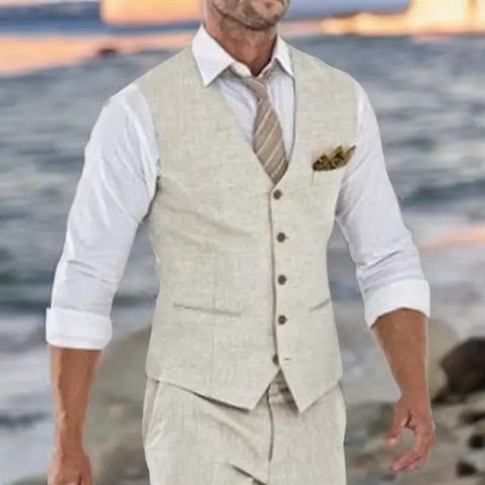 Gilet de costume en lin Beige pour hommes, gilet une pièce de plage d'été de mariage, col en V, coût