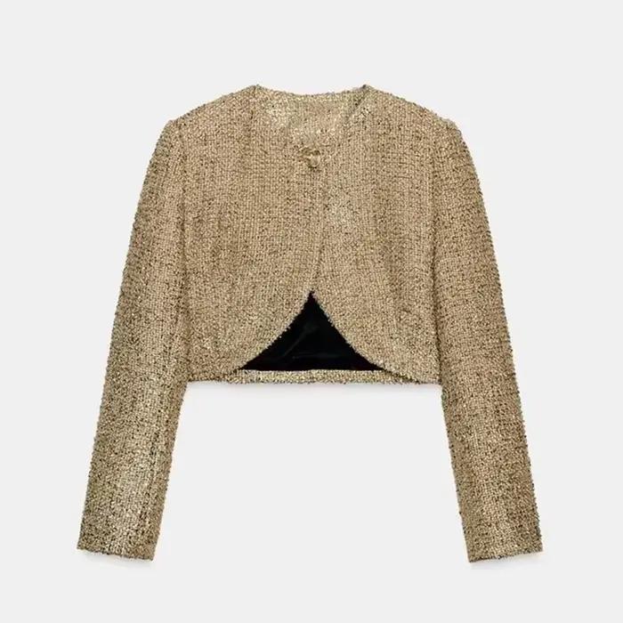 Veste Chic en fil métallique de Style Tweed, longueur courte dorée, manches longues, vêtements d'ext