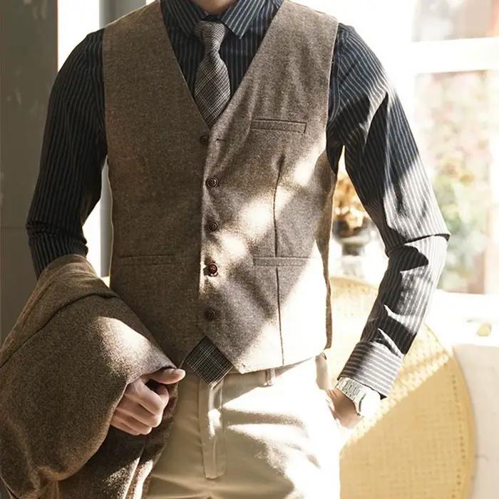 Gilet rétro britannique en tweed pour hommes, élégant et décontracté, idéal pour les tenues de garçon d'honneur, frères et événements formels automne hiver