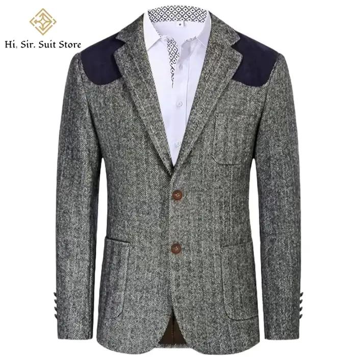 Blazer en tweed pour homme, mélange de laine à chevrons, écussons en velours aux épaules, coupe ajustée, veste de costume formelle, style britannique, manteau sport vintage
