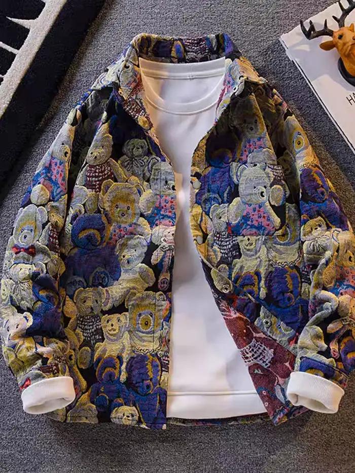 Veste Teddy Bear à imprimé intégral pour hommes, style décontracté et élégant, manteau unique avec col rabattu