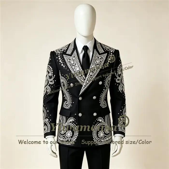 Costume de mariage attrayant pour hommes, veste et pantalon avec perles et strass, 2 pièces, smoking de marié personnalisé, Terno Masculinos Completo