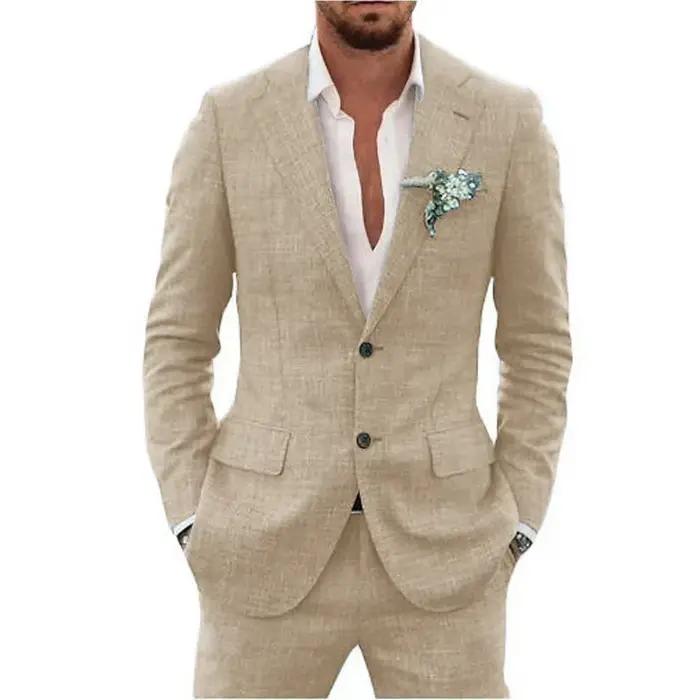 Costume en lin de haute qualité pour homme, revers crantés, simple boutonnage, décontracté et élégant, idéal pour le bureau, mariage et plage