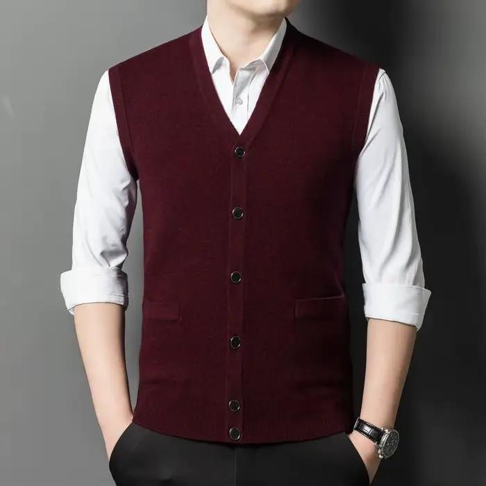 2025 hommes 100% laine mérinos super fine gilets sans manches Cardigans homme Pure