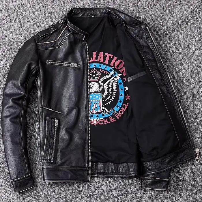 Veste en cuir de vachette véritable noir rétro pour hommes
