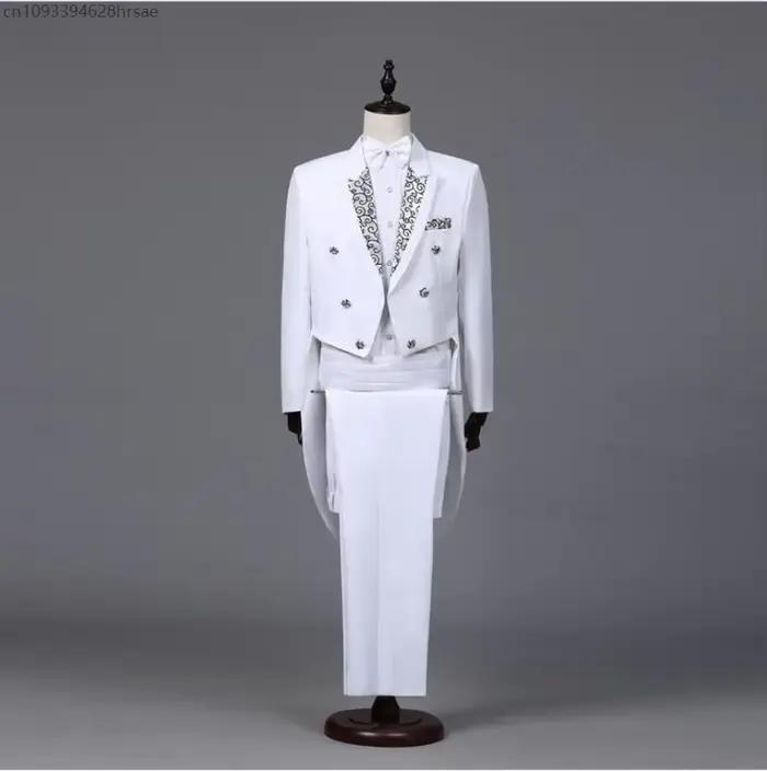 Costume de chanteur manteau queue à revers noir et blanc blazer smoking vintage gilet pantalon cravate ensemble bal mariage occassionnels spéciales