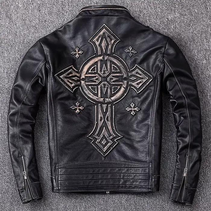 Veste en cuir de vachette véritable noir rétro pour hommes