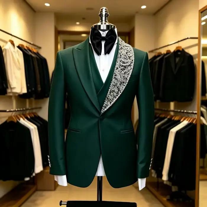 Costumes de Mariage Perlés pour Hommes, Tenue de Bal 3 Pièces, Smoking de Marié Sur Mesure, Luxe, Coupe Slim, Veste, Gilet et Pantalon Tendance 2026