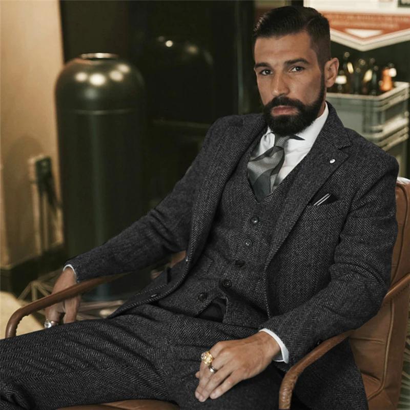 Costume d'hiver en Tweed de laine grise pour hommes, coupe cintrée, smoking formel pour marié, 3 piè