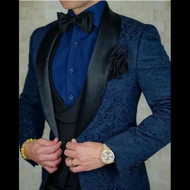 Costume de Mariage en Jacquard Bordeaux pour Homme, Coupe Slim, Revers Noir, Smoking de Marié, ixFor