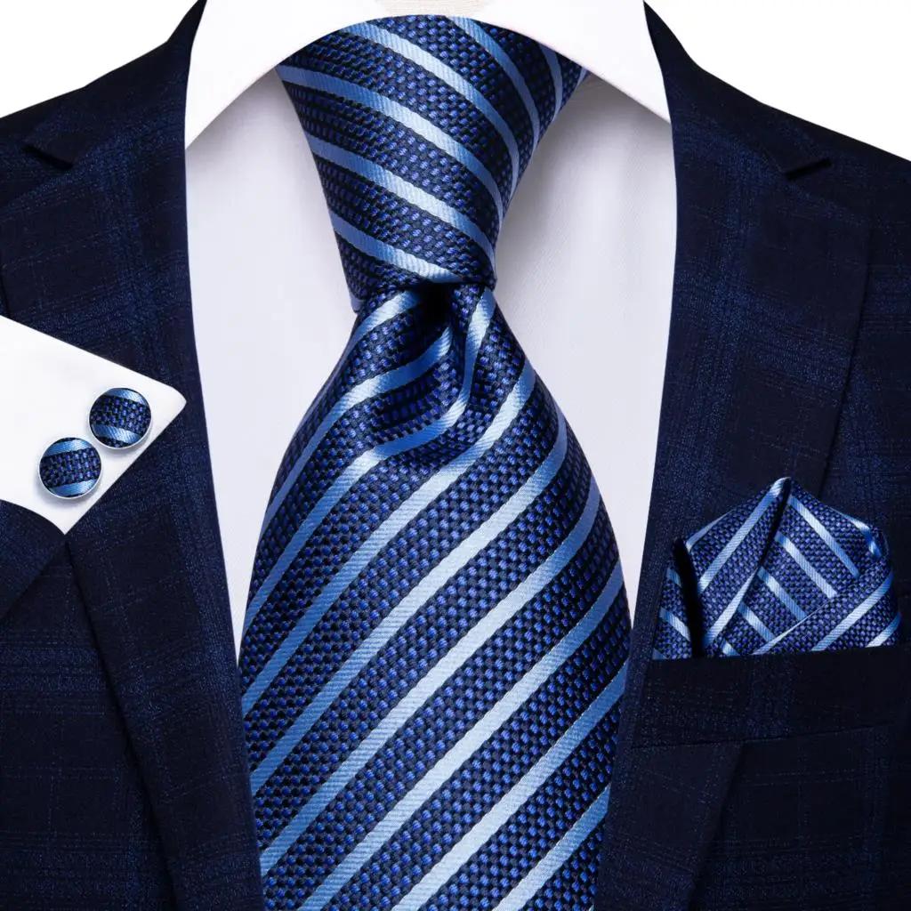 Cravate de mariage rayée bleu marine pour homme, design tendance, ensemble cravate, pochette et bout