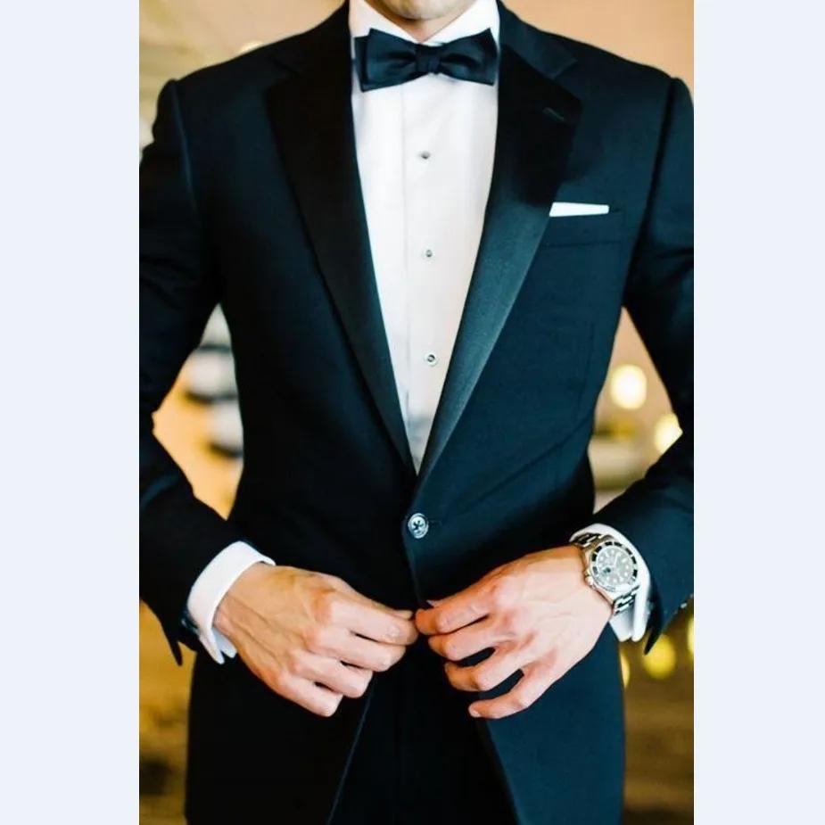 GroomTIME-Costume de Marié Noir en Satin à Revers pour Homme, Sur Mesure, 2 Pièces, Veste + Pantalon