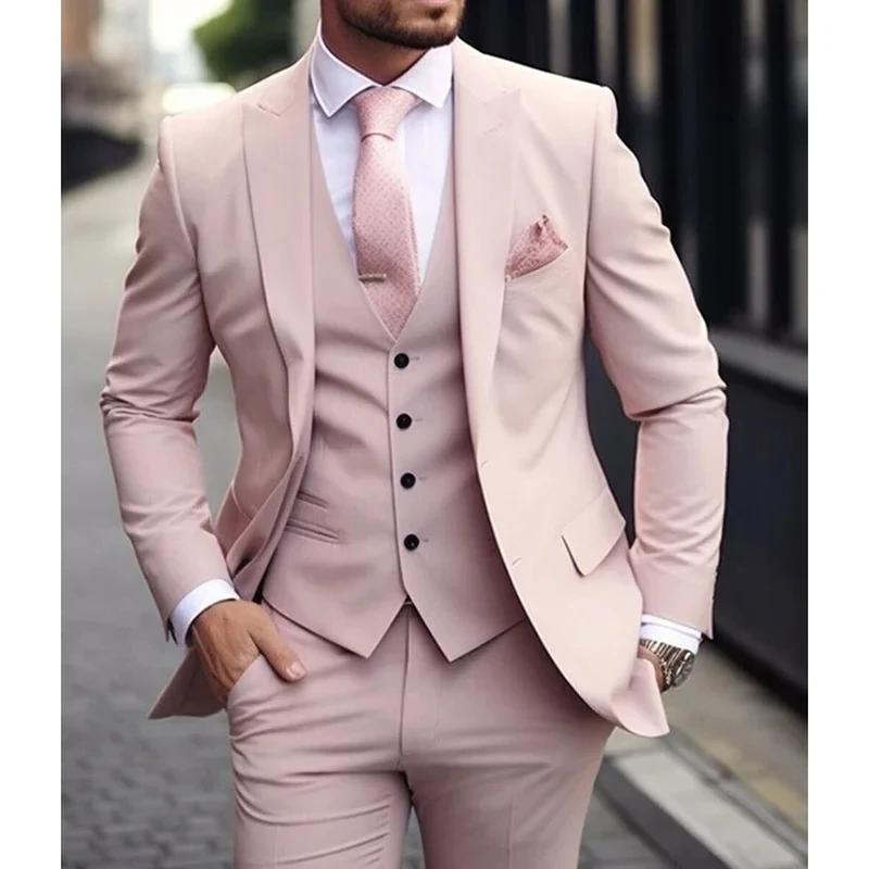 Costume de luxe rose pour hommes, coupe cintrée, 3 pièces, veste et pantalon avec gilet, Costume de