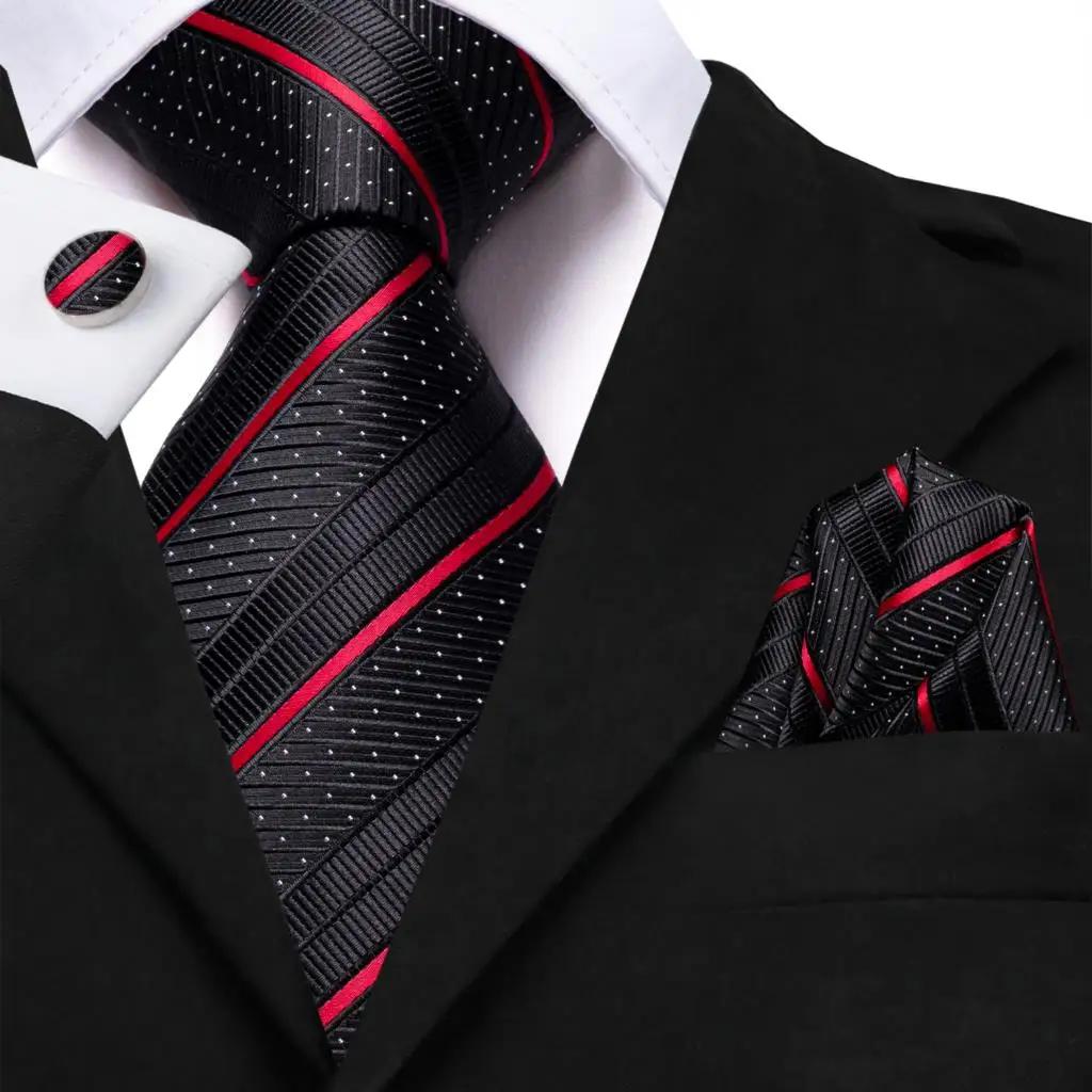 Cravate de mariage rayée noire et rouge pour homme, avec pochette de costume et boutons de manchette