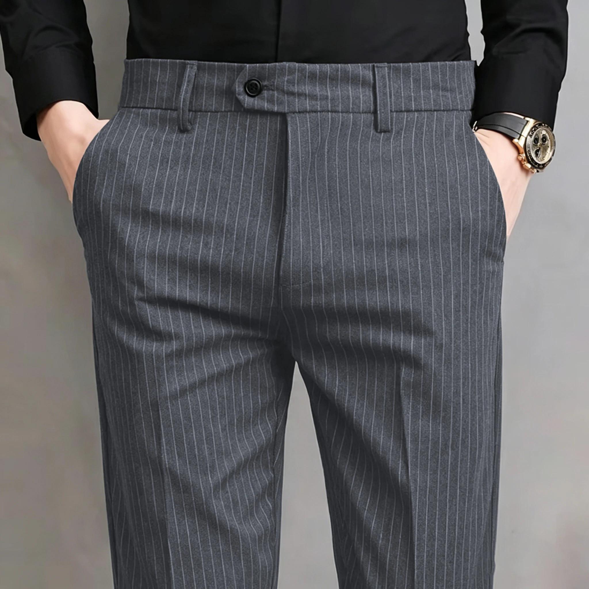 Pantalon de Costume à Rayures pour Homme, Coupe Slim, Taille Élastique, Fin et Décontracté pour l'Ét