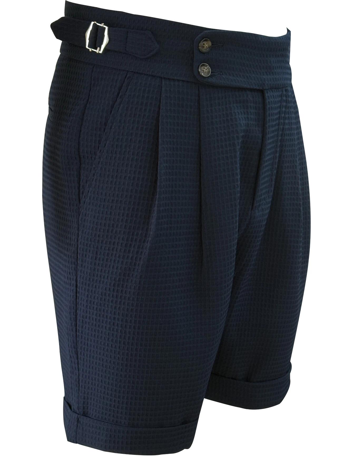 Shorts de costume plissés à taille haute pour hommes, en tissu gaufré, avec boucle latérale réglable