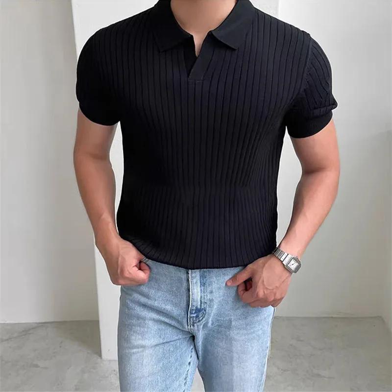 Nouveaux hommes à manches courtes classique T-shirt été hommes rétro rayé Polo couleur unie à manche