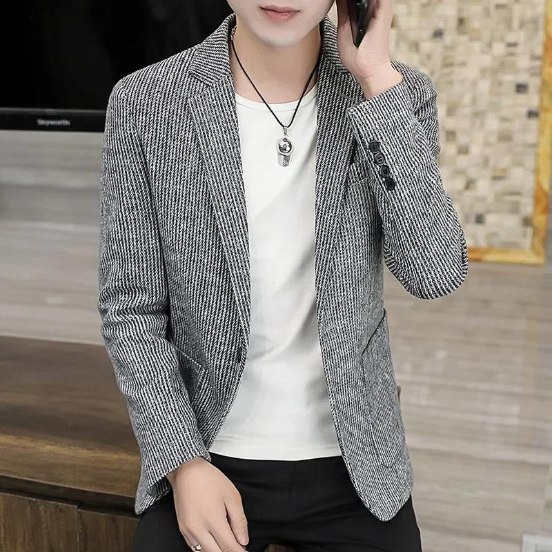 Blazer Homme Style Coréen 2026 de Haute Qualité – Nouvelle Collection Tendance, Coupe Slim, Rayé, po