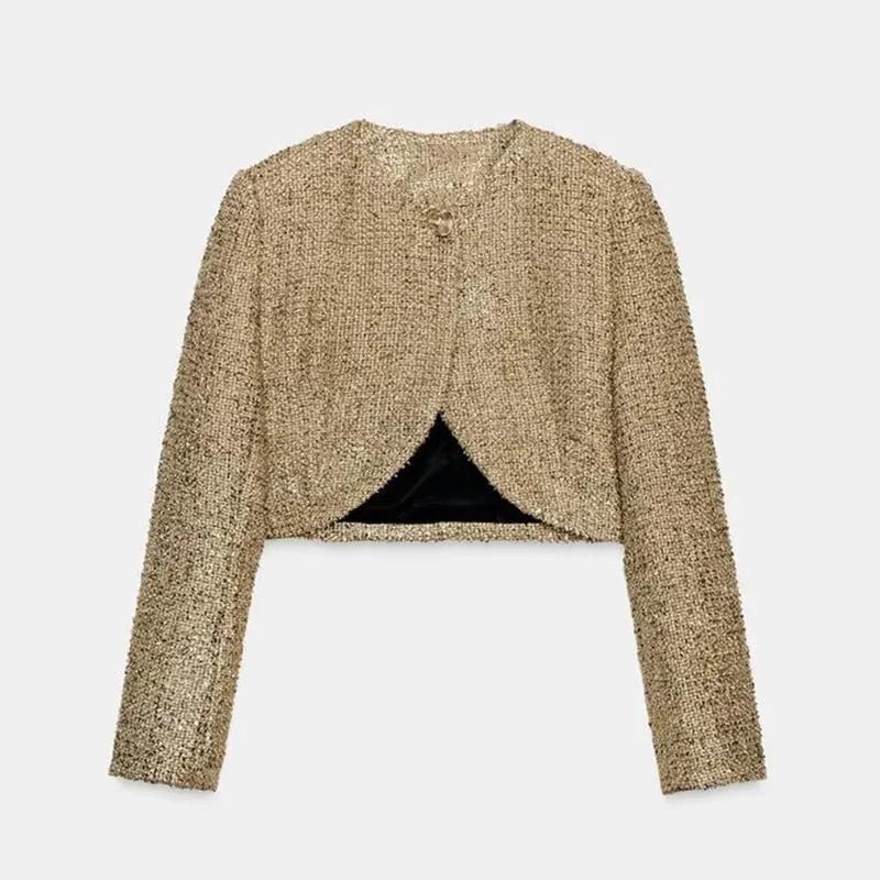 Veste Chic en fil métallique de Style Tweed, longueur courte dorée, manches longues, vêtements d'ext