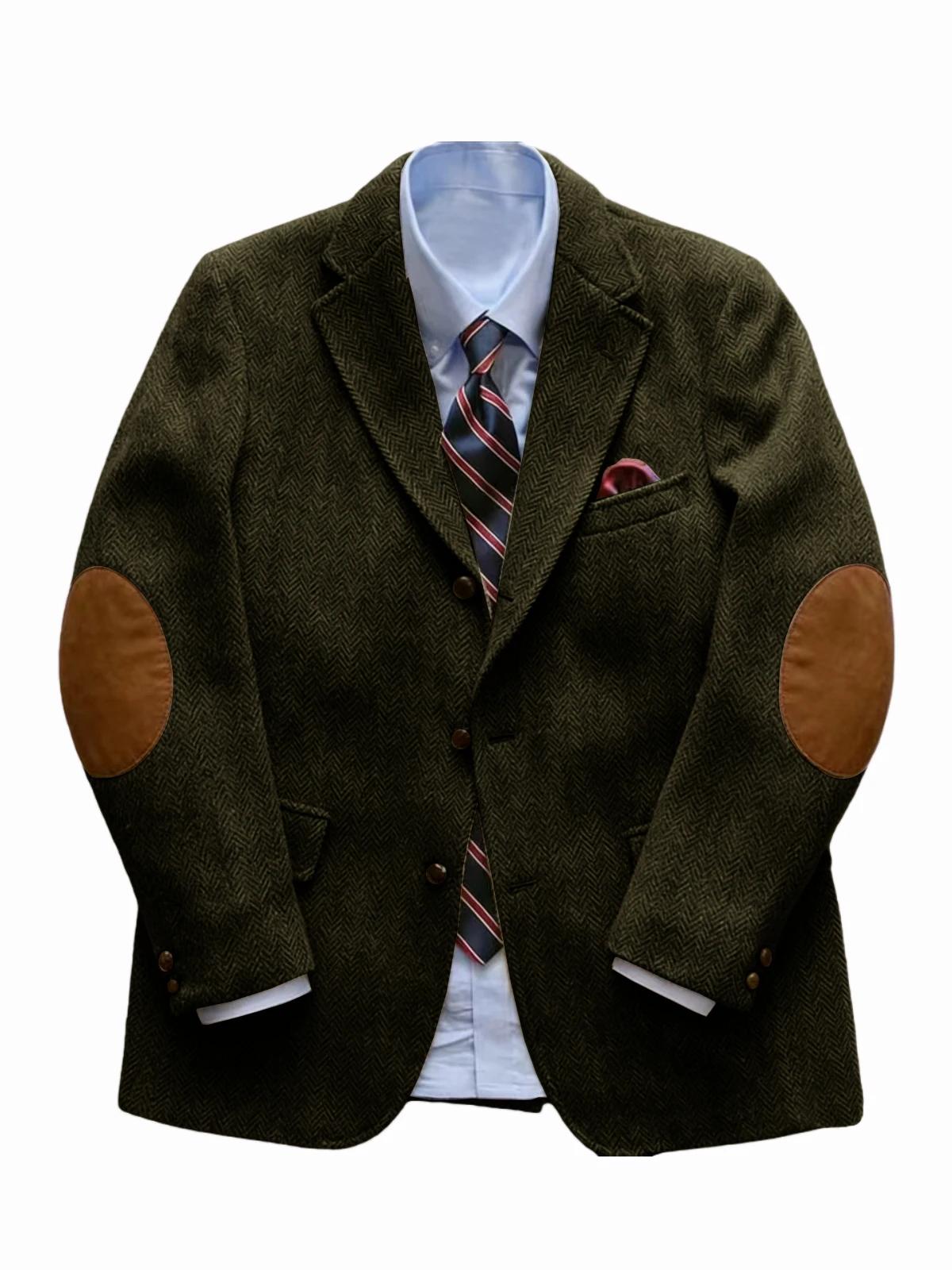 Blazer vintage en tweed à chevrons pour homme avec patchs aux coudes, 2 boutons, simple boutonnage,