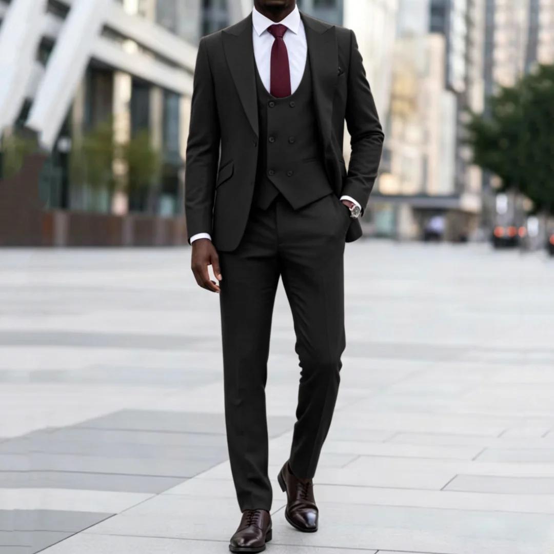 Costume homme marron foncé 3 pièces uni avec revers pour mariage, anniversaire, banquet, fête, affai