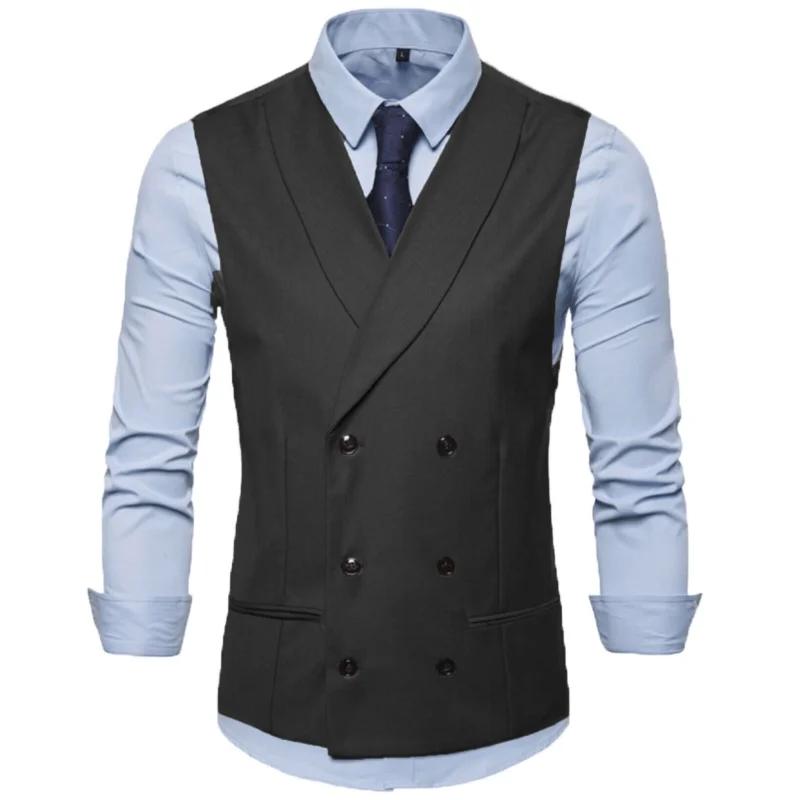 Gilet Slim à Double Bouton pour Homme, Solide avec Revers, GlaBlack, Régulier, Banquet de Mariage, T