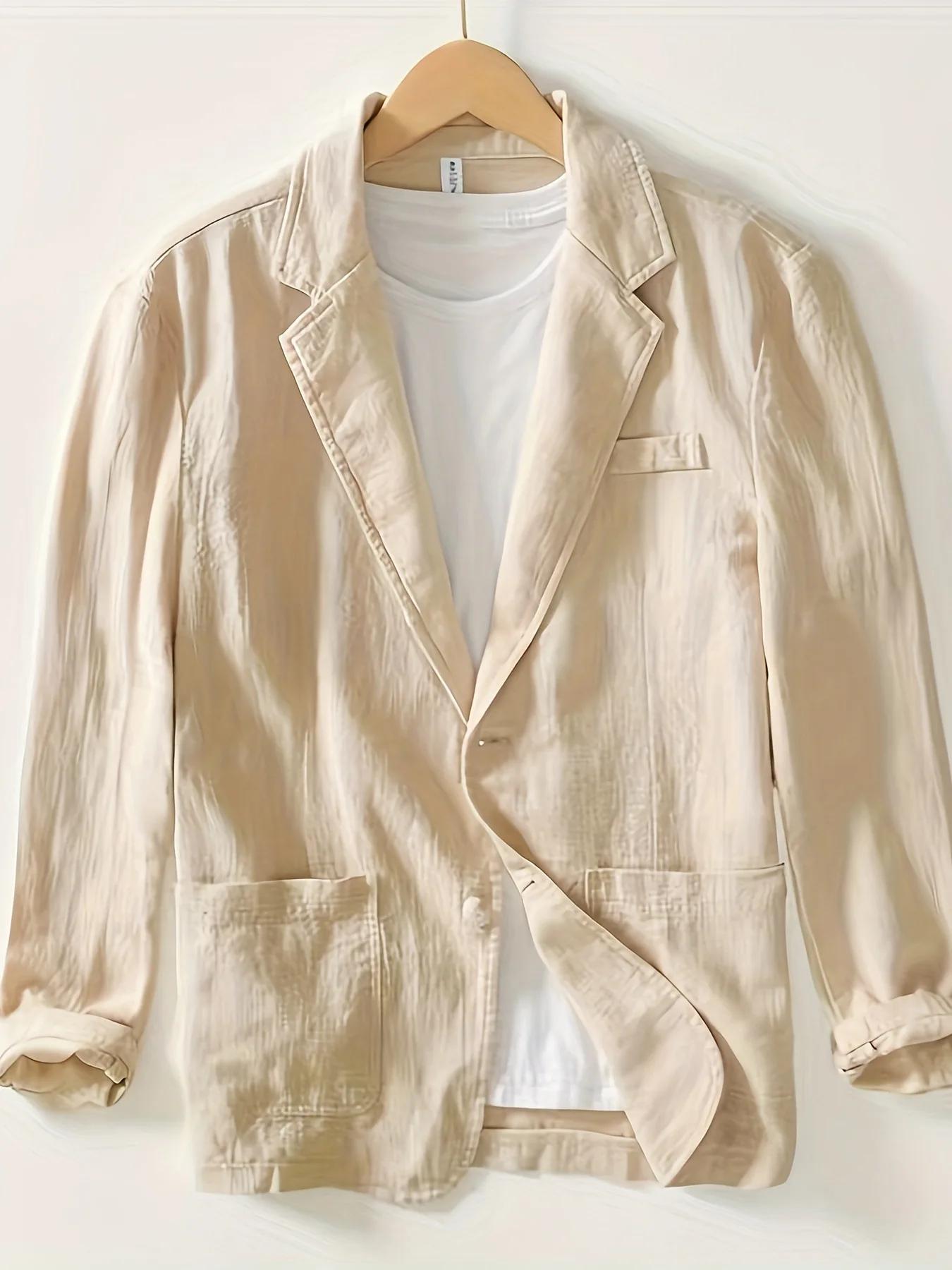 Costume décontracté pour homme Veste monocouche Couleur unie Coton et lin Mode décontractée Haut pou