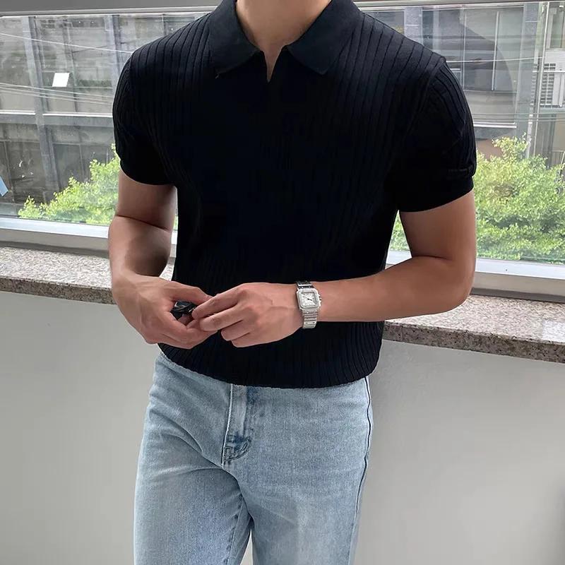 Nouveaux hommes à manches courtes classique T-shirt été hommes rétro rayé Polo couleur unie à manche