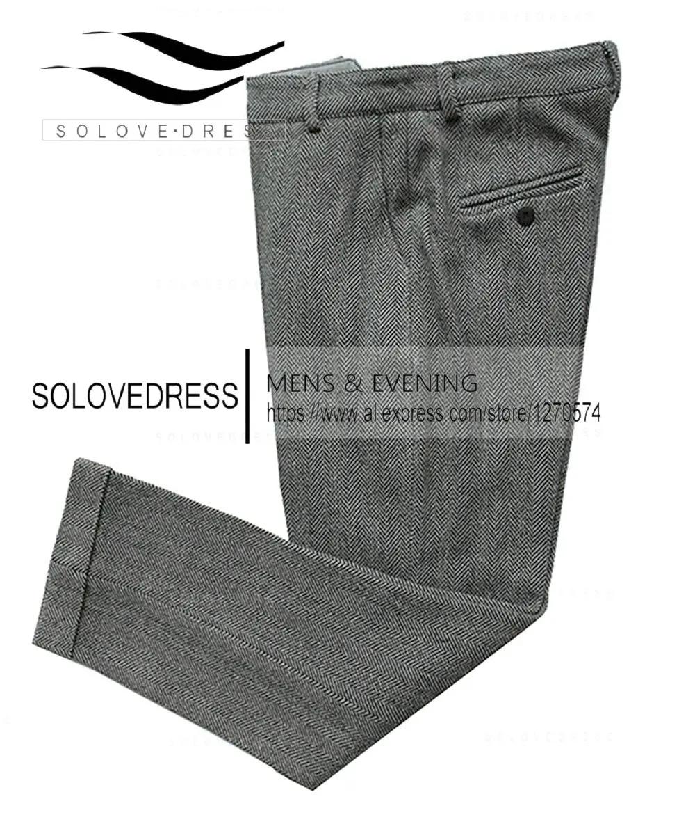 FJWool-Costume en tweed à chevrons pour hommes, coupe couvertes, pantalon décontracté, taille extens