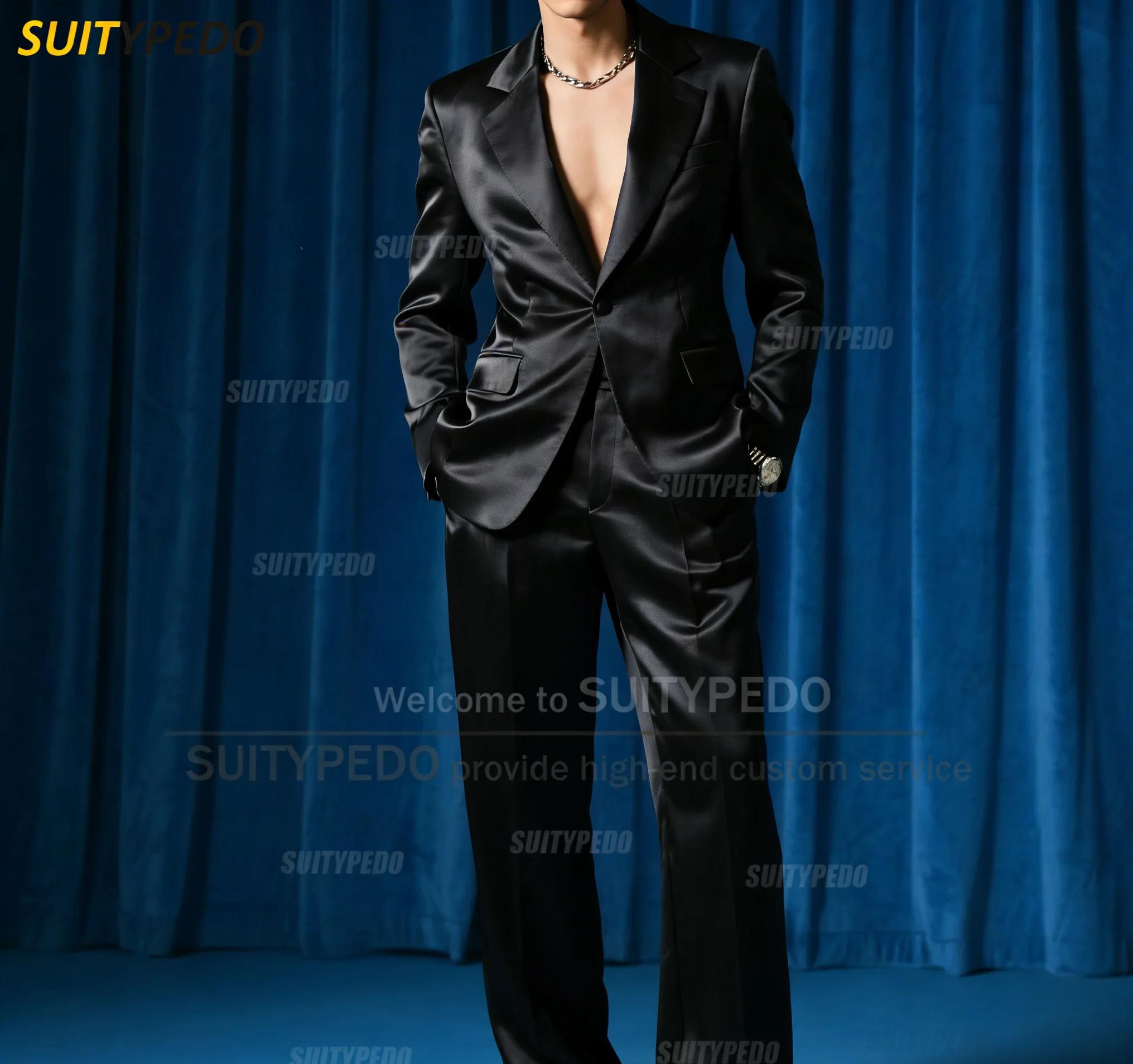 Mode bleu Royal Satin fête bal hommes costume ensembles 2 pièces Blazer et pantalon bref solide un b