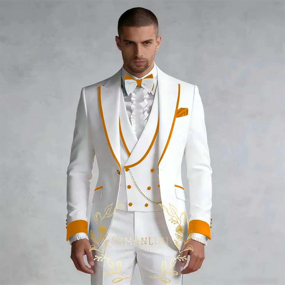 Costumes blancs sur mesure de luxe pour hommes, ensemble 3 pièces, coupe ajustée, formel, mariage, c