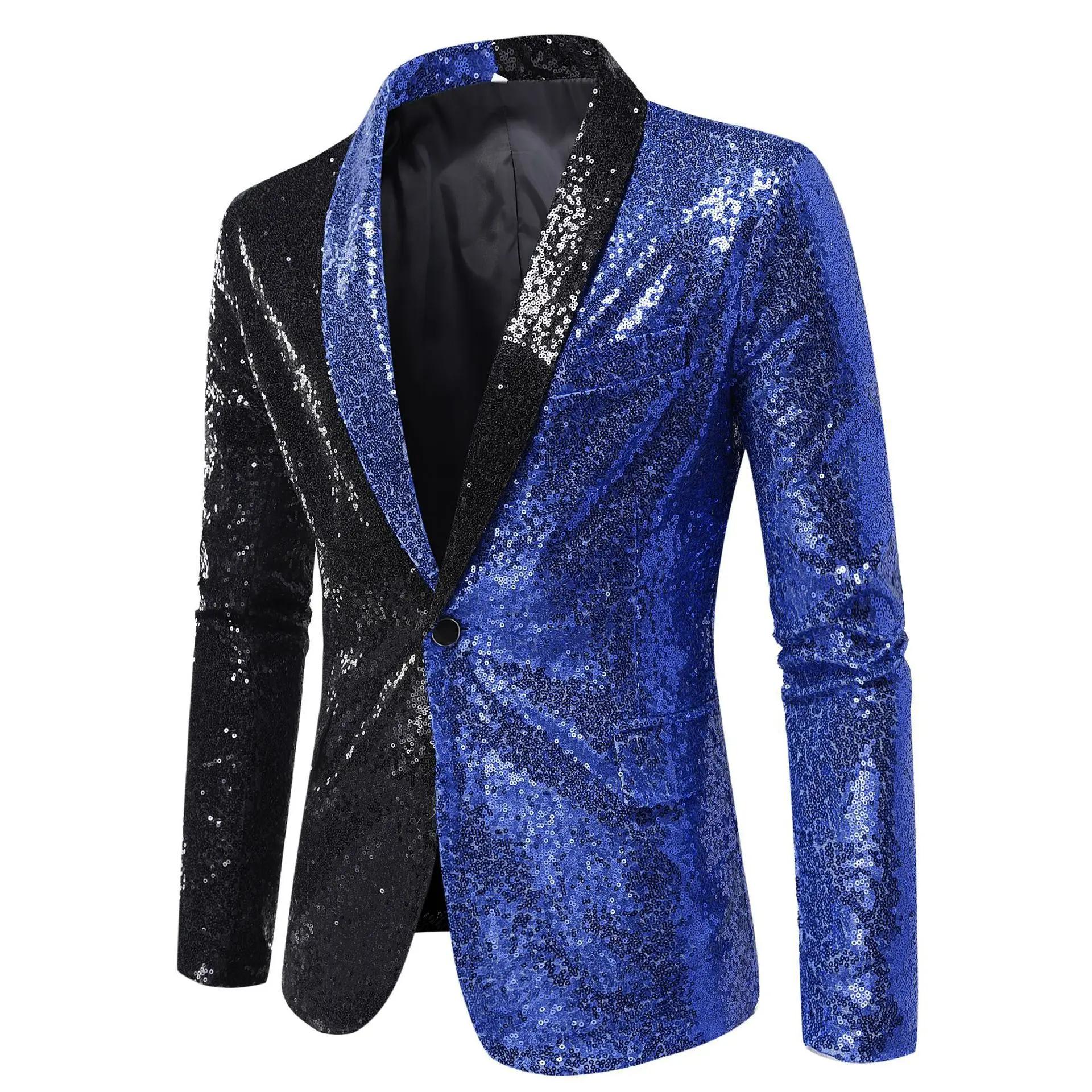 Blazer Homme Scintillant à Paillettes Col V Simple Bouton Veste de Costume Spectacle Scène Soirée Ba