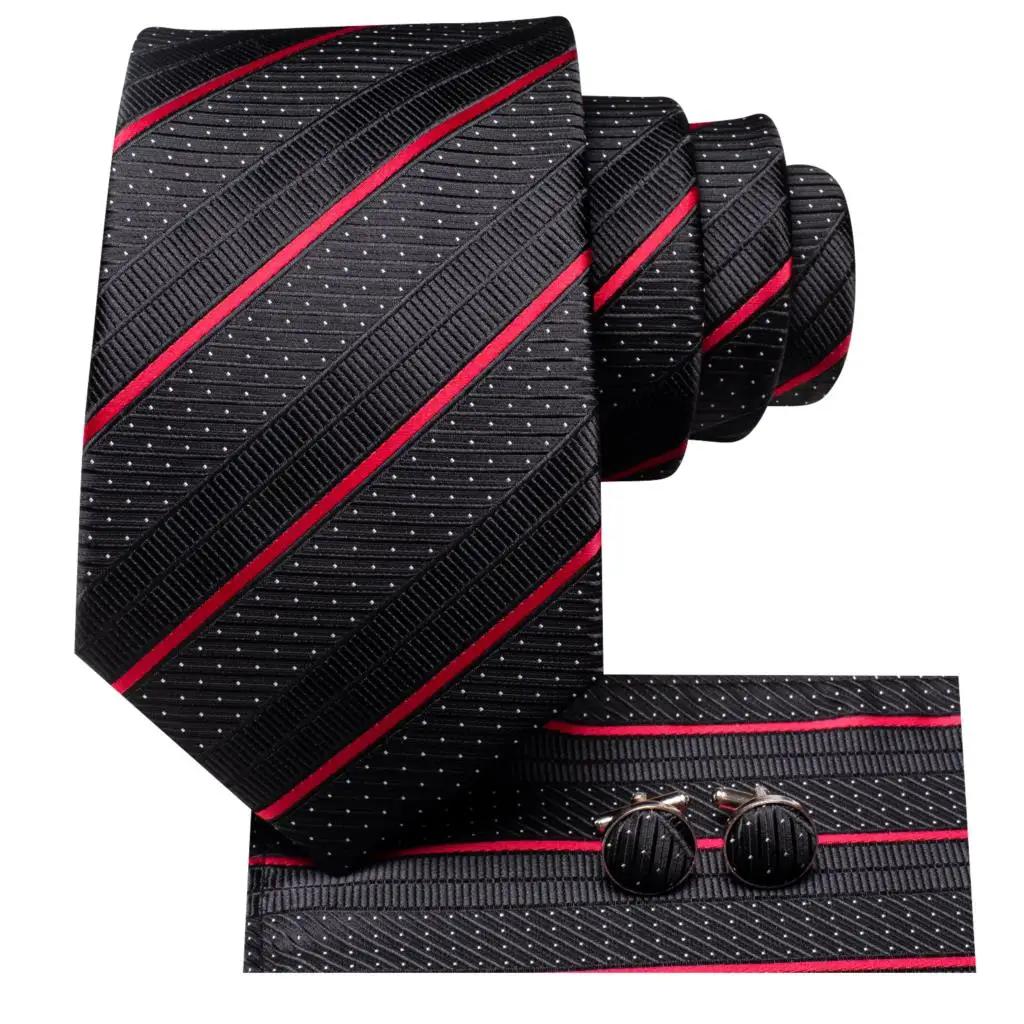 Cravate de mariage rayée noire et rouge pour homme, avec pochette de costume et boutons de manchette