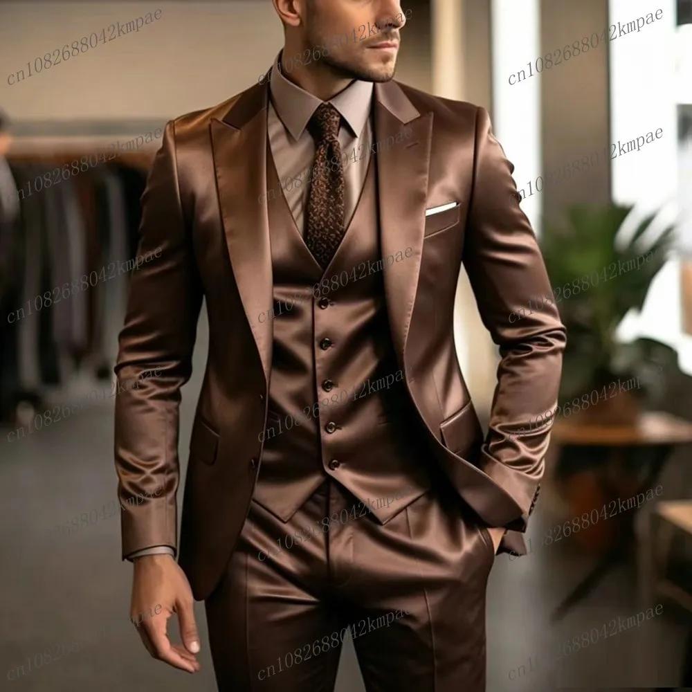 Costume formel pour homme en satin d'acétate marron, pour marié, témoin, mariage, soirée, bal, affai