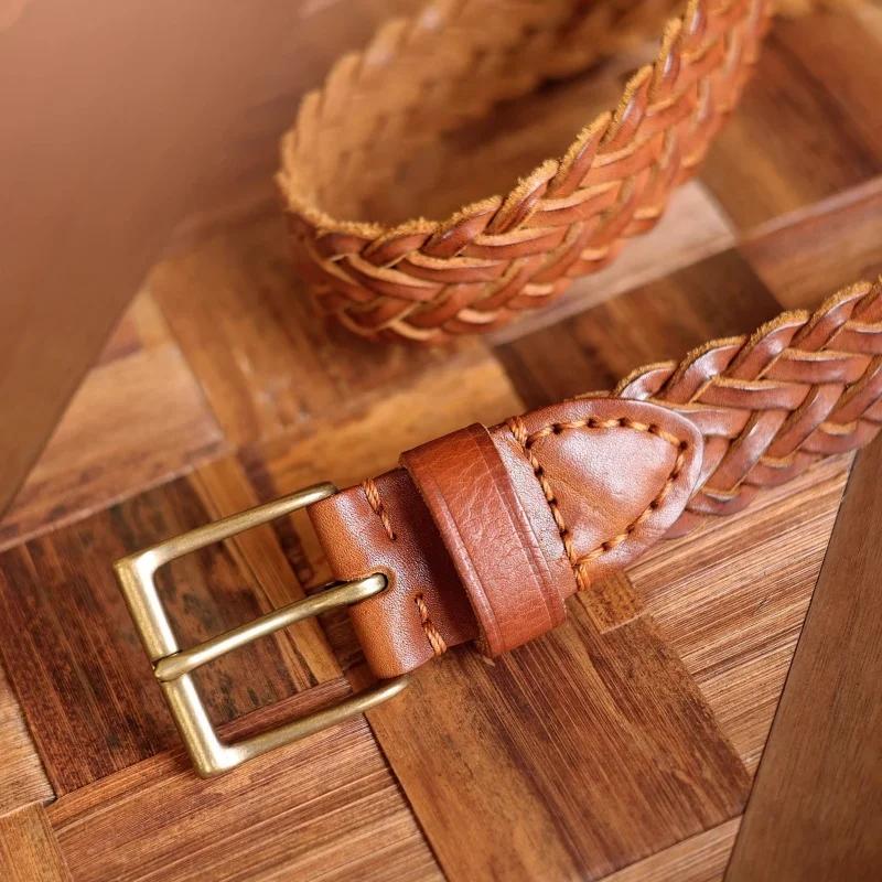 Ceinture de styliste rétro en laiton et cuivre, tissée à la main, en cuir véritable végétal, décontr