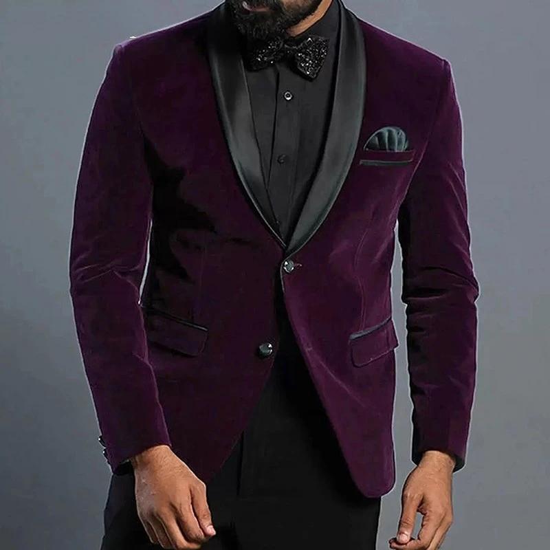 Blazer de costume en velours violet pour homme, revers châle noir, veste une pièce, smoking de marié