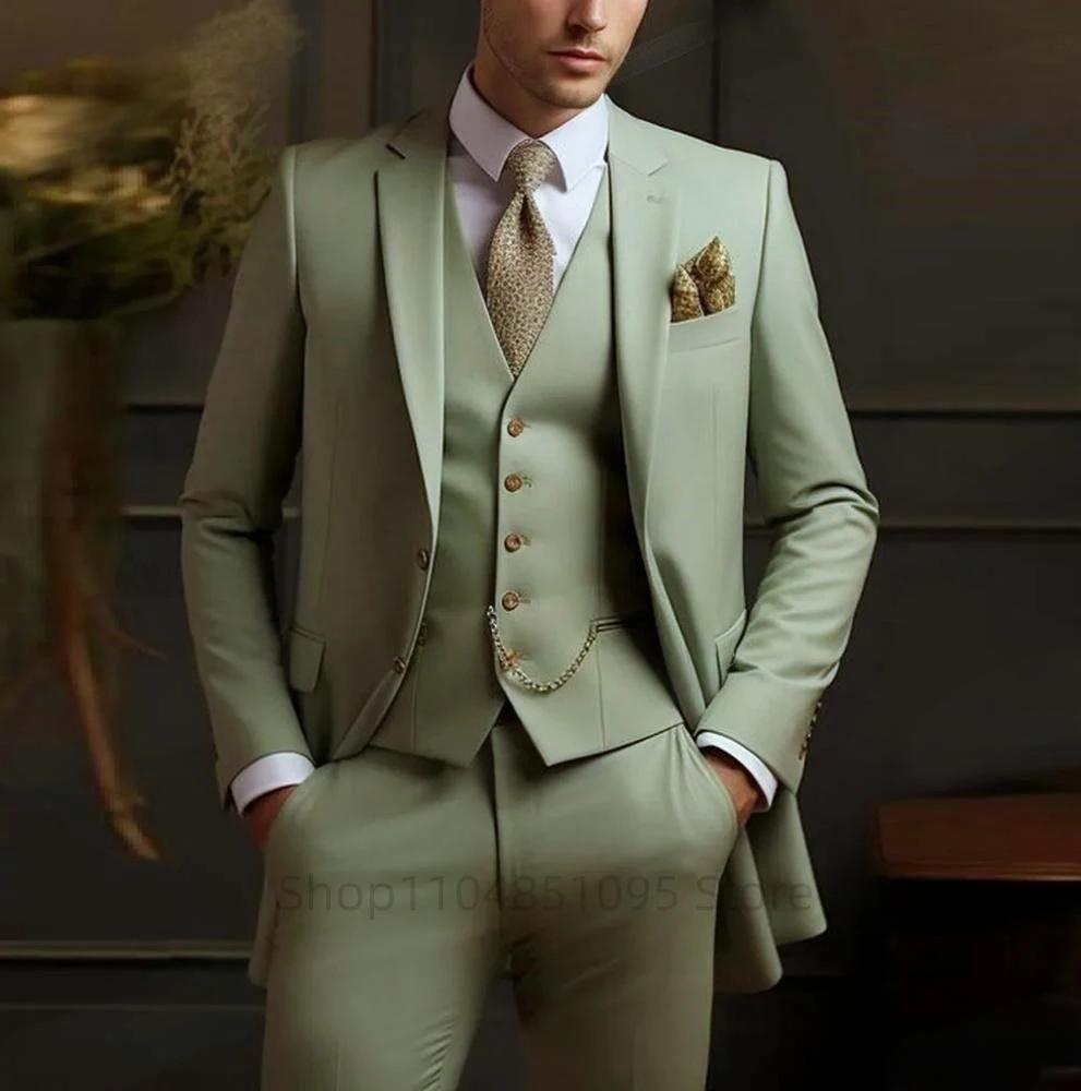 Costumes pour hommes verts décontractés 3 pièces coupe ajustée encoche/vers de pointe vêtements de m