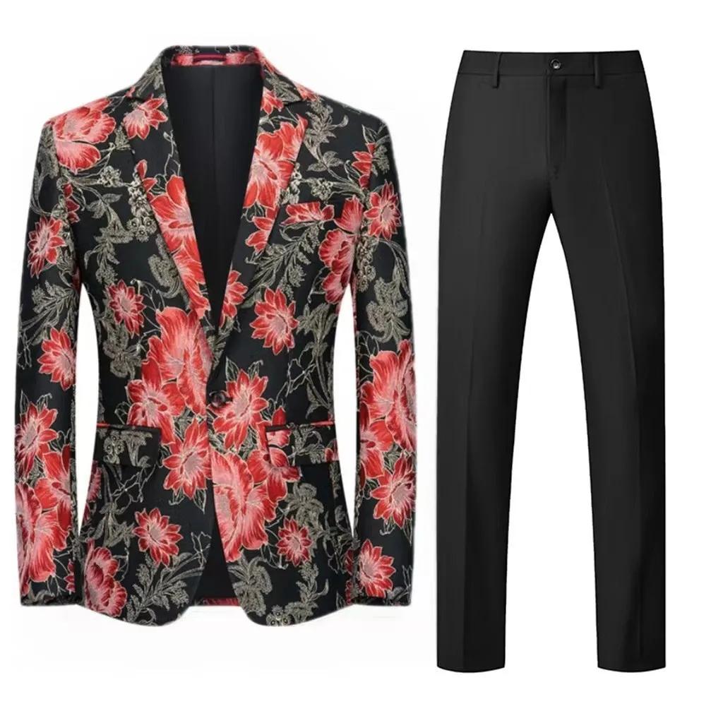Costume de mode pour hommes, ensemble deux pièces avec motifs floraux, belle personnalité, spectacle