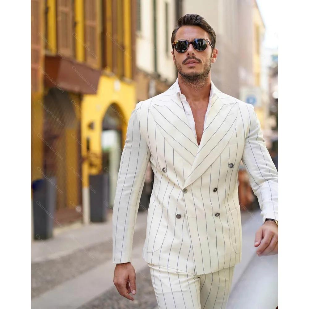 Costumes rayés pour hommes élégant revers à pointe Double boutonnage tenues 2 pièces veste avec pant