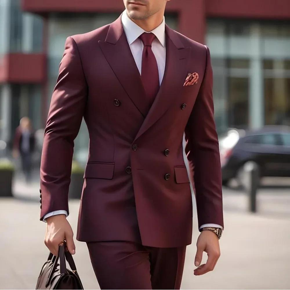 Costume de luxe pour hommes, bordeaux, Double boutonnage, ensemble de bal de mariage, 2 pièces (vest