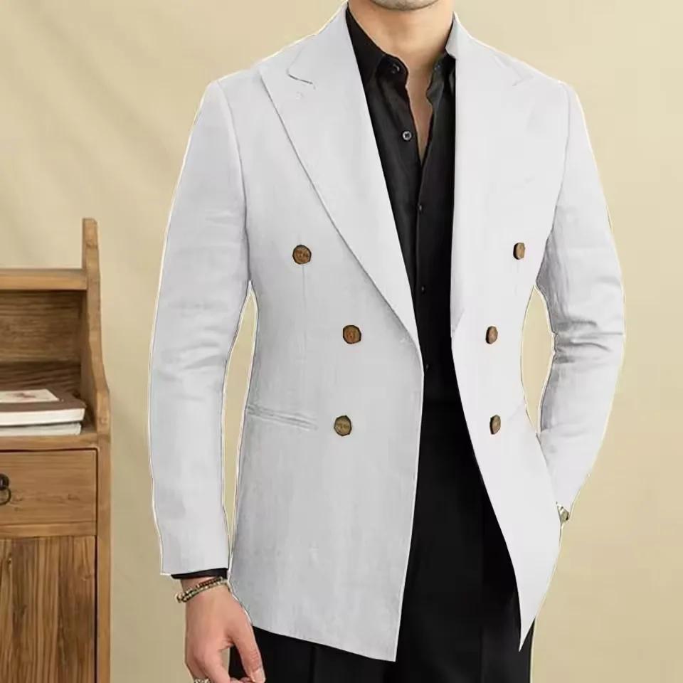 Blazer en lin vintage pour homme, croisé, à revers pointus, coupe ajustée, respirant, doux, infroiss