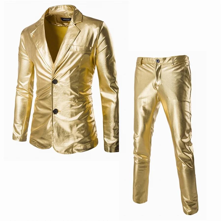 Ensemble 2 Pièces Slim Fit pour Homme, Couleur Unie Brillante, Costumes de ix, Or, Argent, Blazer de