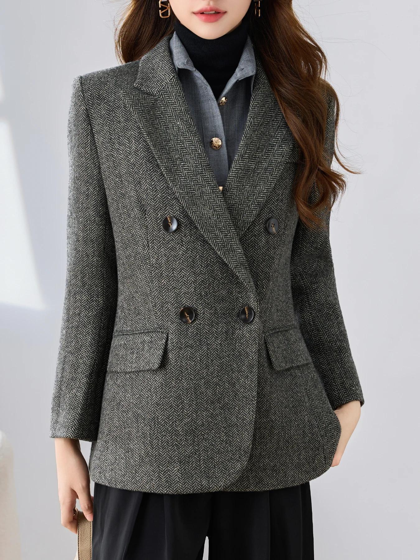 Blazer pied-de-poule à revers, Double boutonnage, avec ourlet fendu, Design élégant, couleur unie, h