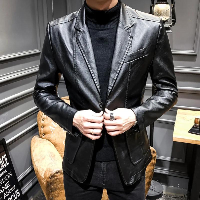 Veste en cuir PU pour homme, coupe ajustée, style coréen, manteau décontracté polyvalent, blazer en
